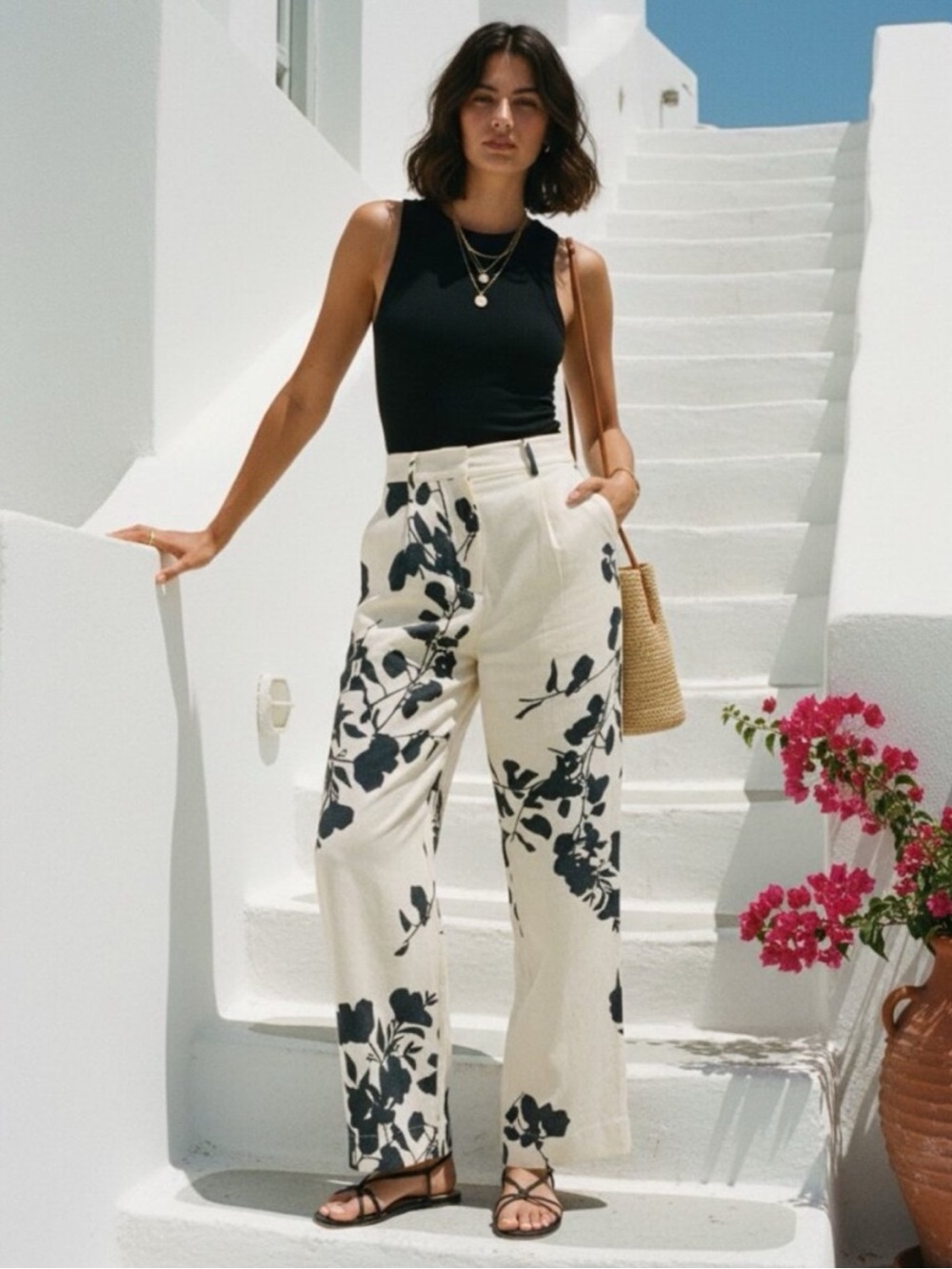 Carolina K Zai Wide Leg Trousers Cream Black Floral Print Dress Cotton Pants